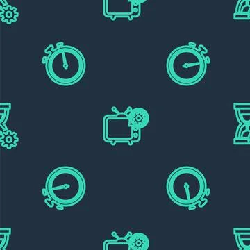 Set line Tv setting, Stopwatch and Hourglass on seamless pattern. Vector Stock Illustration