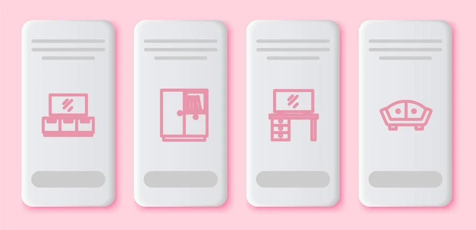 Set line TV table stand, Wardrobe, and Sofa. White rectangle button. Vector Stock Illustration