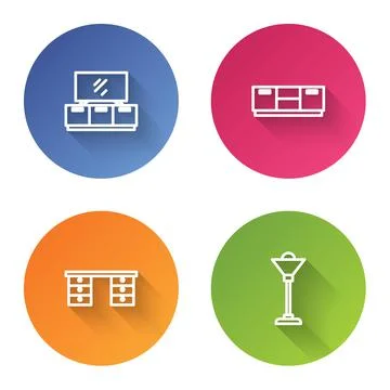 Set line TV table stand, Furniture nightstand, Office desk and Floor lamp. Color Stock Illustration