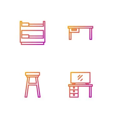 Set line TV table stand, Chair, Bunk bed and Office desk. Gradient color icons Stock Illustration
