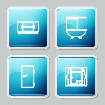 Set line TV table stand, Bathtub with shower curtain, Closed door and Window Stock Illustration