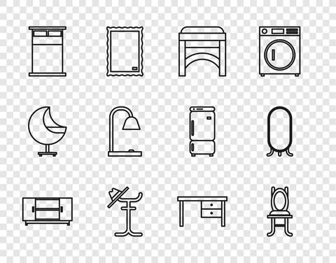 Set line TV table stand, Chair, Coat, Big bed, Table lamp, Office desk and full Stock Illustration