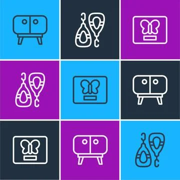 Set line TV table stand, Butterfly in frame and Earrings icon. Vector Stock-Illustration