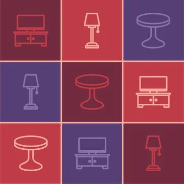 Set line TV table stand, Round and Floor lamp icon. Vector Illustrazione stock