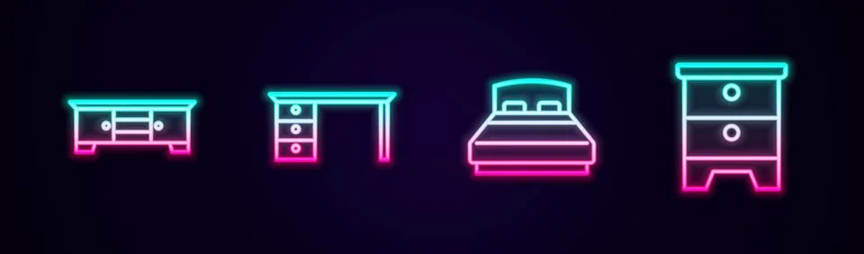 Set line TV table stand, Office desk, Big bed and Furniture nightstand. Glowi Stock Illustration