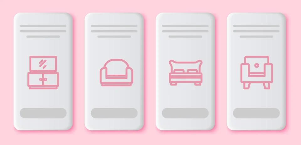 Set line TV table stand, Armchair, Big bed and . White rectangle button. Vect Stock Illustration