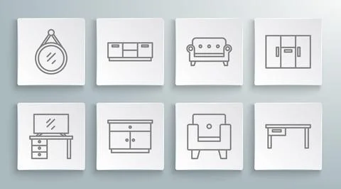 Set line TV table stand, Furniture nightstand, Armchair, Office desk, Sofa, W Stock Illustration