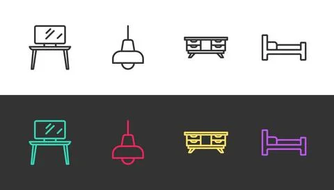 Set line TV table stand, Lamp hanging, and Bed on black and white. Vector Stock Illustration