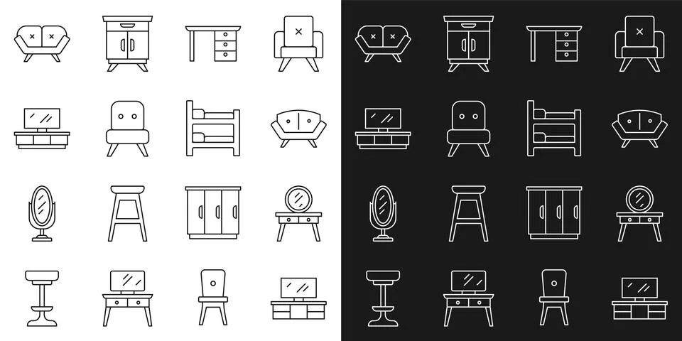 Set line TV table stand, Dressing, Sofa, Office desk, Armchair, and Bunk bed Illustrazione stock