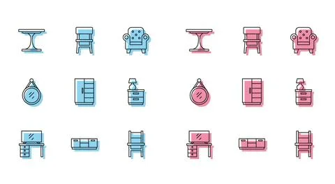 Set line TV table stand, Furniture nightstand, Round, Chair, Wardrobe, with lamp Illustrazione stock