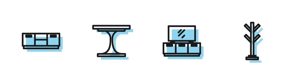 Set line TV table stand, Furniture nightstand, Round and Coat icon. Vector Illustrazione stock