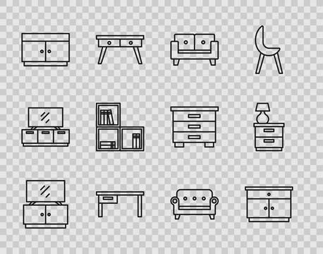 Set line TV table stand, Furniture nightstand, Sofa, Office desk, Chest dra.. Illustrazione stock