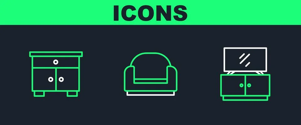 Set line TV table stand, Furniture nightstand and Armchair icon. Vector Stock Illustration