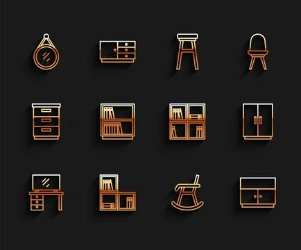 Set line TV table stand Shelf with books Mirror Armchair Wardrobe Library boo Stock Illustration