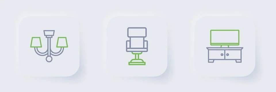Set line TV table stand, Office chair and Chandelier icon. Vector Illustrazione stock