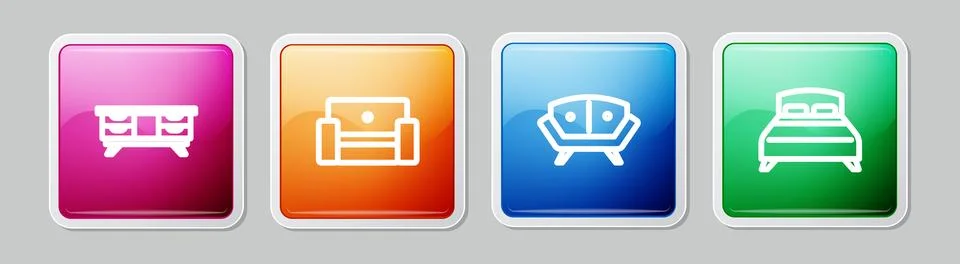 Set line TV table stand, Armchair, Sofa and Big bed. Colorful square button.. Stock Illustration