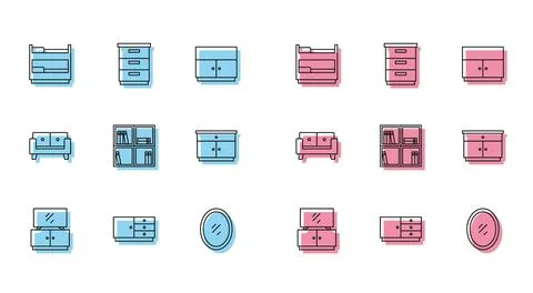Set line TV table stand, Chest of drawers, Bunk bed, Mirror, Shelf with boo.. Illustrazione stock