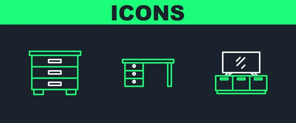 Set line TV table stand, Furniture nightstand and Office desk icon. Vector Stock Illustration