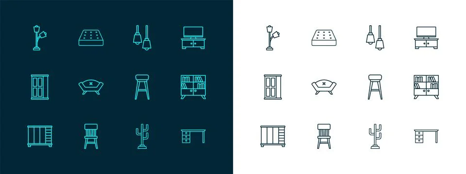 Set line TV table stand, Chair, Coat, Sofa, Lamp hanging, Floor lamp and Ma.. Stock Illustration