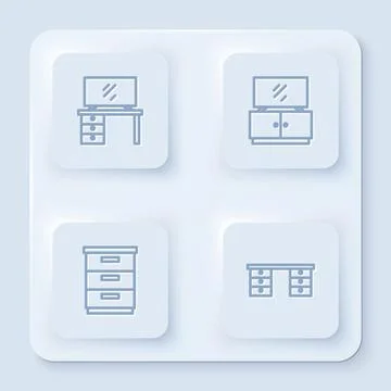 Set line TV table stand, , Furniture nightstand and Office desk. White squa.. Stock Illustration