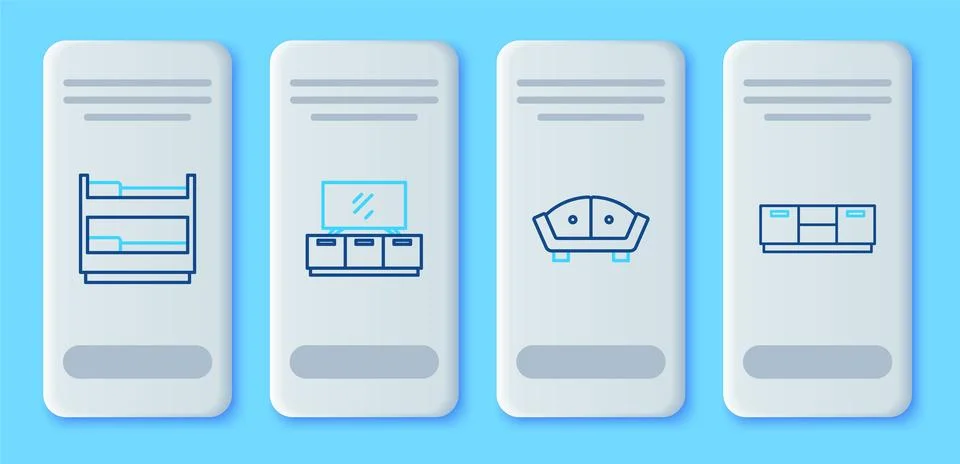 Set line TV table stand, Sofa, Bunk bed and Furniture nightstand icon. Vector Stock Illustration