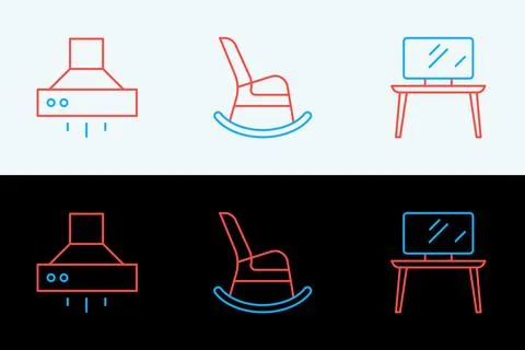Set line TV table stand, Kitchen extractor fan and Rocking chair icon. Vector Stock Illustration