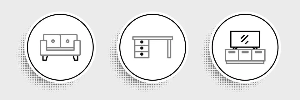 Set line TV table stand, Sofa and Office desk icon. Vector Stock Illustration