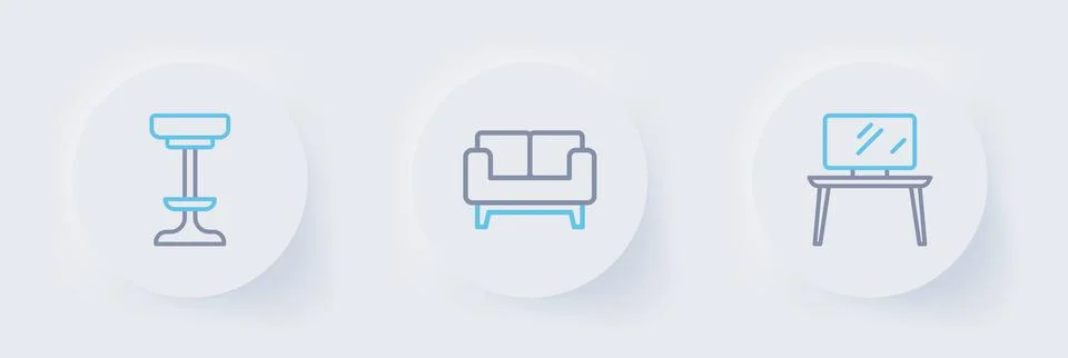 Set line TV table stand, Sofa and Chair icon. Vector Stock Illustration