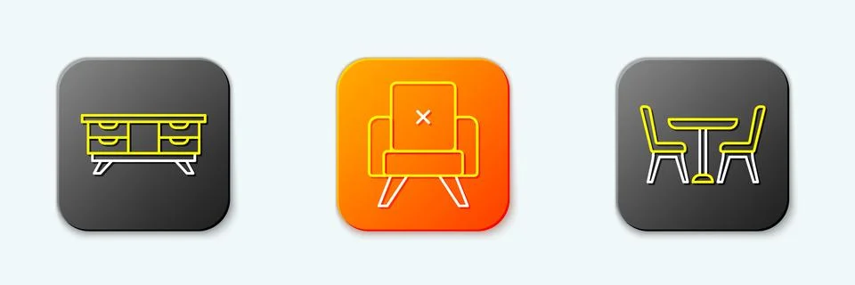 Set line TV table stand, Armchair and Table with icon. Vector Illustrazione stock