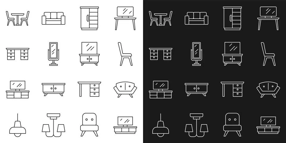 Set line TV table stand, Sofa, Chair, Wardrobe, Big full length mirror, Off.. Stock Illustration