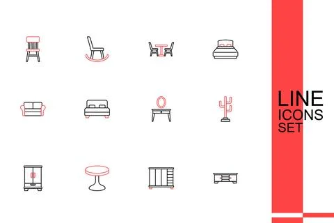 Set line TV table stand, Wardrobe, Round, Coat, Dressing, Big bed and Sofa .. Stock Illustration