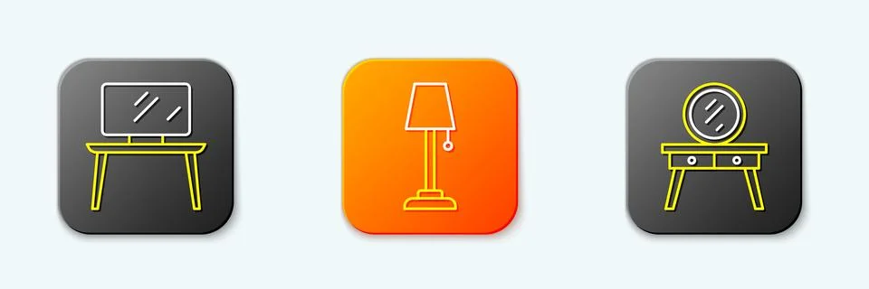 Set line TV table stand, Floor lamp and Dressing icon. Vector 库存插图