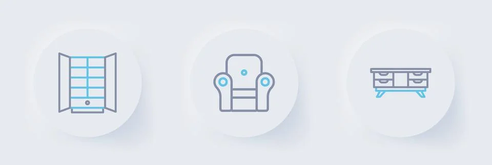 Set line TV table stand, Armchair and Wardrobe icon. Vector Stock Illustration