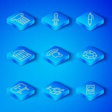 Set line TV table stand, Roman army helmet, Ancient amphorae, Gem stone, Pe.. Ilustración de archivo