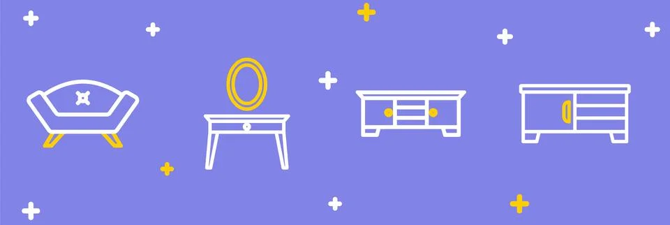 Set line TV table stand, Dressing and Sofa icon. Vector Stock Illustration