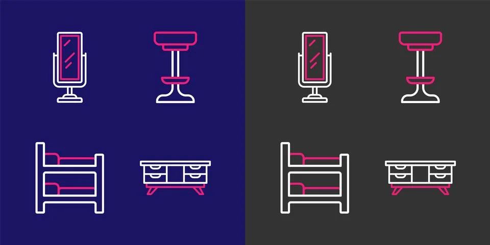 Set line TV table stand, Bunk bed, Chair and Big full length mirror icon. V.. Stock Illustration