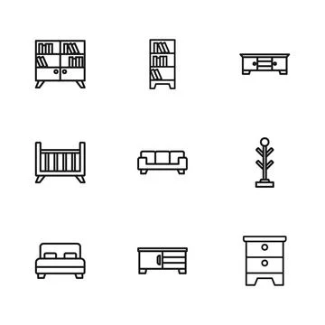 Set line TV table stand, Coat, Furniture nightstand, Sofa, Library bookshel.. Stock Illustration