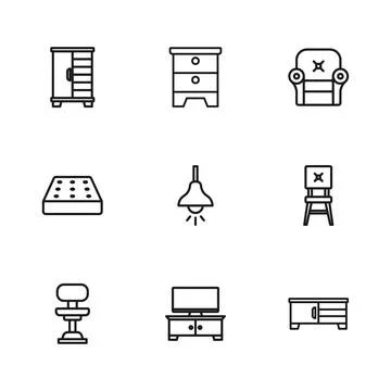 Set line TV table stand, Chair, Lamp hanging, Armchair, Wardrobe, Furniture.. Stock Illustration