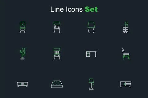 Set line TV table stand, Floor lamp, Mattress, Chair, Office desk,  and Coa.. Stock Illustration