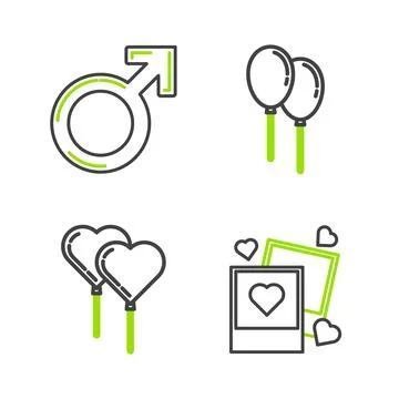 Set line Two blanks photo frames and hearts, Balloons in form of with ribbo.. Stock Illustration