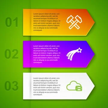 Set line Two crossed hammers, Falling star, Cloud mail server and . Business 스톡 일러스트
