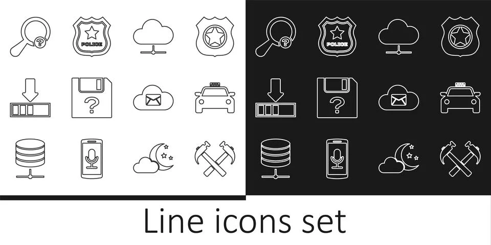 Set line Two crossed hammers, Taxi car, Network cloud connection, Unknown Illustrazione stock