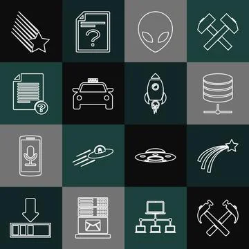 Set line Two crossed hammers, Falling star, Server, Data, Web Hosting, Alien Illustrazione stock