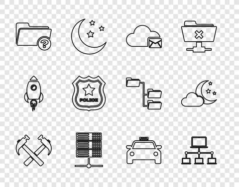 Set line Two crossed hammers, Computer network, Cloud mail server, Server, Data Illustrazione stock