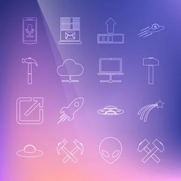 Set line Two crossed hammers, Falling star, Hammer, Loading, Network cloud 스톡 일러스트