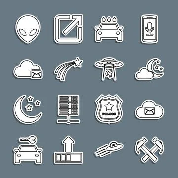 Set line Two crossed hammers, Cloud mail server, with moon and stars, Car w.. Illustrazione stock