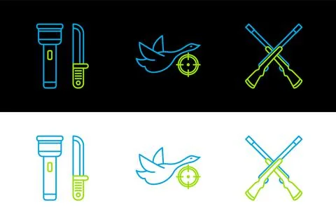 Set line Two crossed shotguns, Flashlight and knife and Hunt on duck with cro Illustration