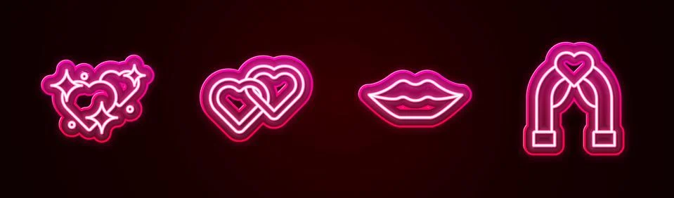 Set line Two Linked Hearts, , Smiling lips and Wedding arch. Glowing neon icon Stock Illustration
