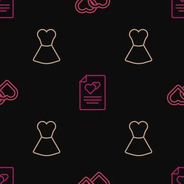Set line Two Linked Hearts, Woman dress and Greeting card on seamless pattern Stock Illustration