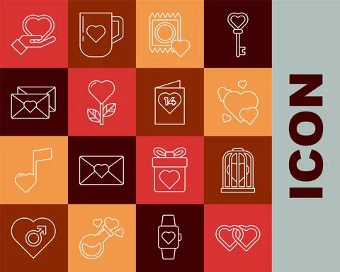 Set line Two Linked Hearts, the bird cage, Condom package, shape flower Stock-Illustration